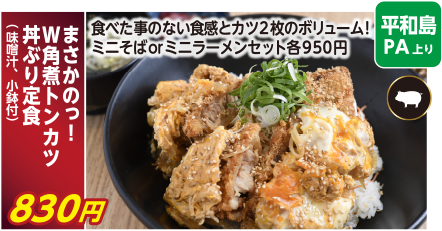 平和島PA上り　まさかのっ！W角煮トンカツ丼ぶり定食（味噌汁、小鉢付） 830円