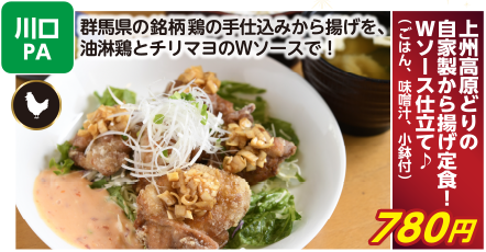 川口PA　上州高原どりの自家製から揚げ定食！Wソース仕立て♪（ごはん、味噌汁、小鉢付） 780円